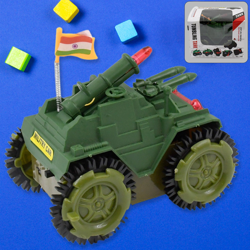 Front view of the Tumbling Tank Toy Car, showcasing its vibrant design and lights.