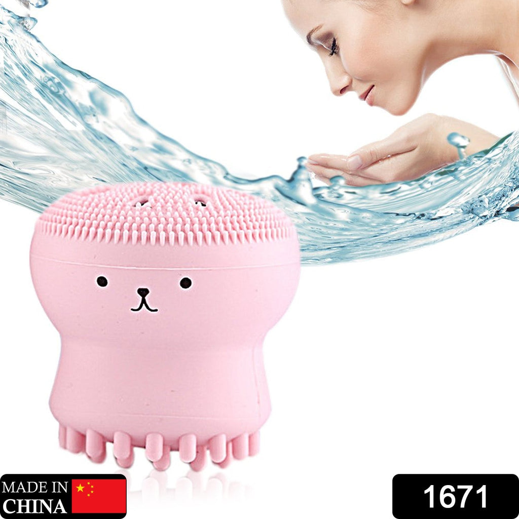 Ergonomic octopus silicone facial scrubber shown in hand for easy grip.