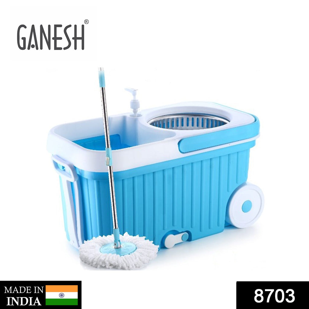 Ganesh 360 Spin Mop with Wheels, showing the bucket and handle in a compact state.