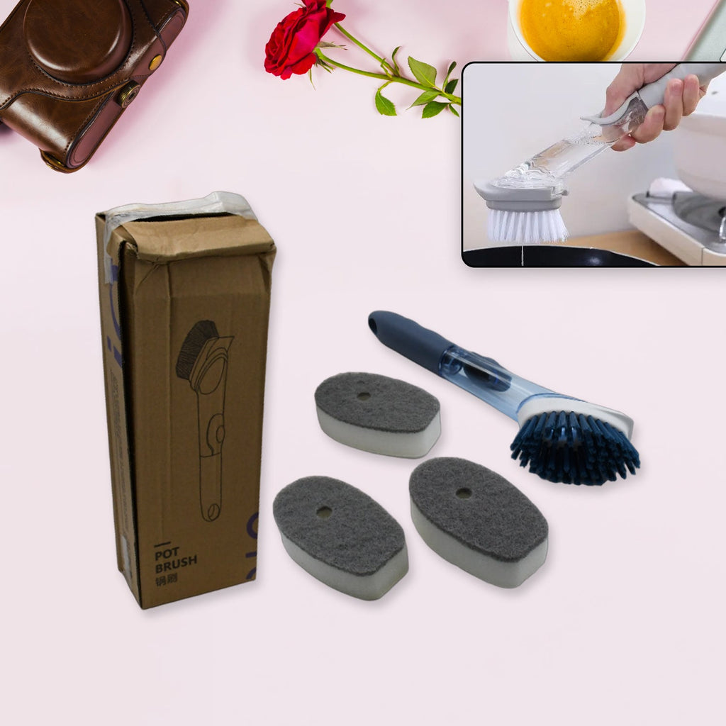 An overhead view of the complete Soap Dispensing Dish Brush set, ready for pot pan cleaning.