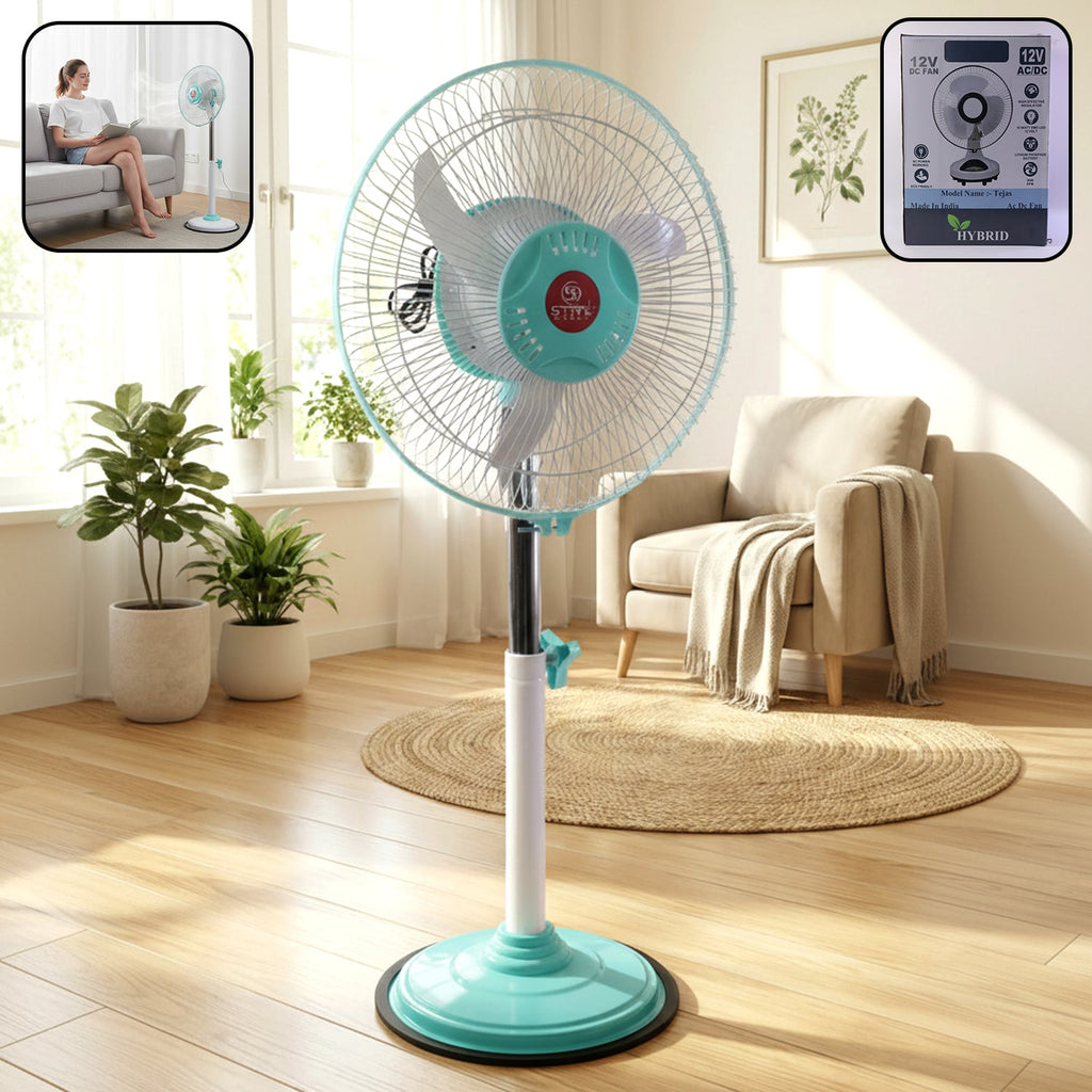 Front view of 12V DC hybrid pedestal fan with adjustable height