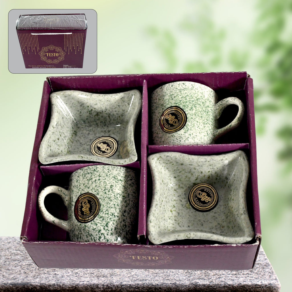 Elegant ceramic tea cup set with matching snack bowls, ideal for serving beverages and treats.