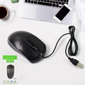 Front view of a black wired optical mouse with a USB connector, ideal for laptops and PCs.