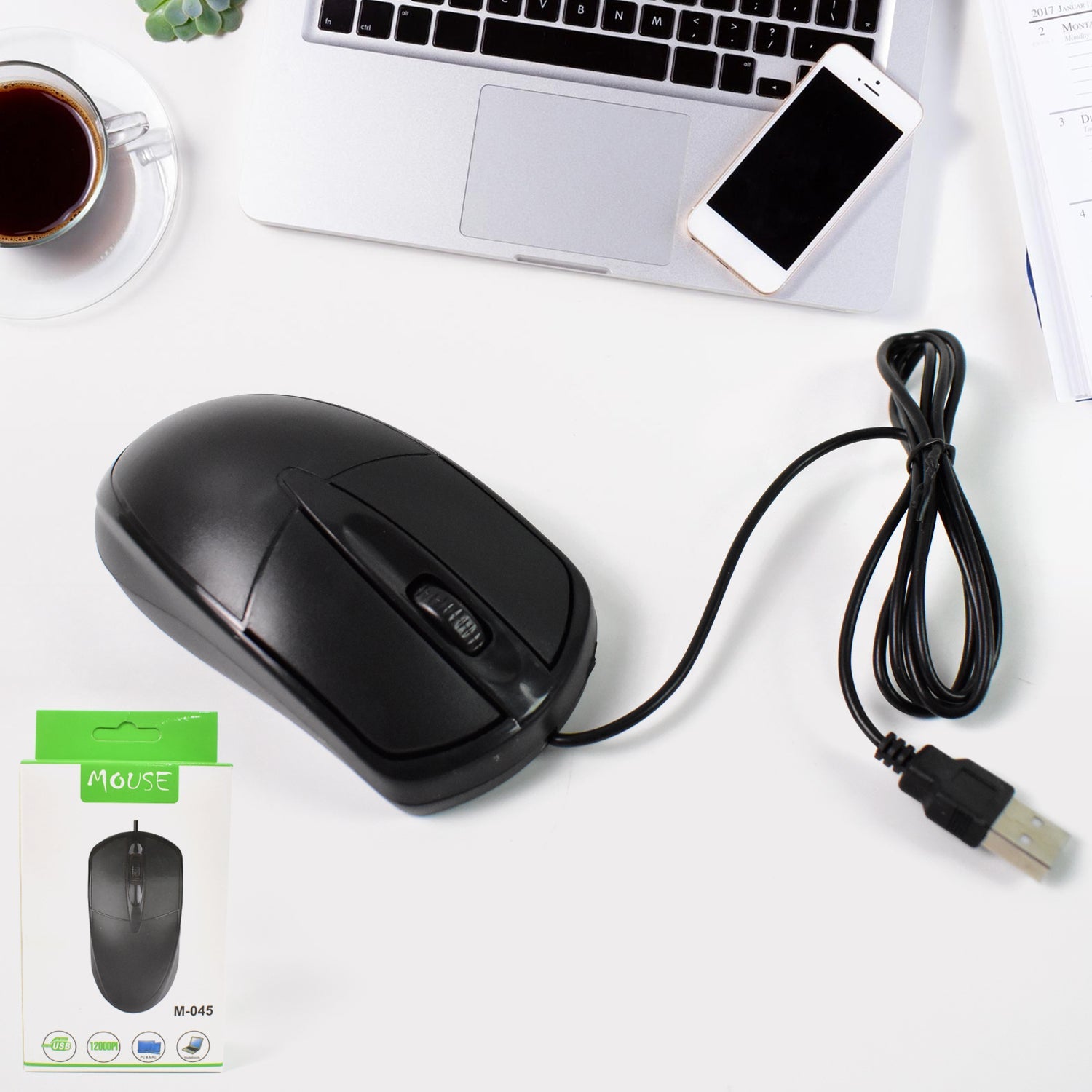 Front view of a black wired optical mouse with a USB connector, ideal for laptops and PCs.
