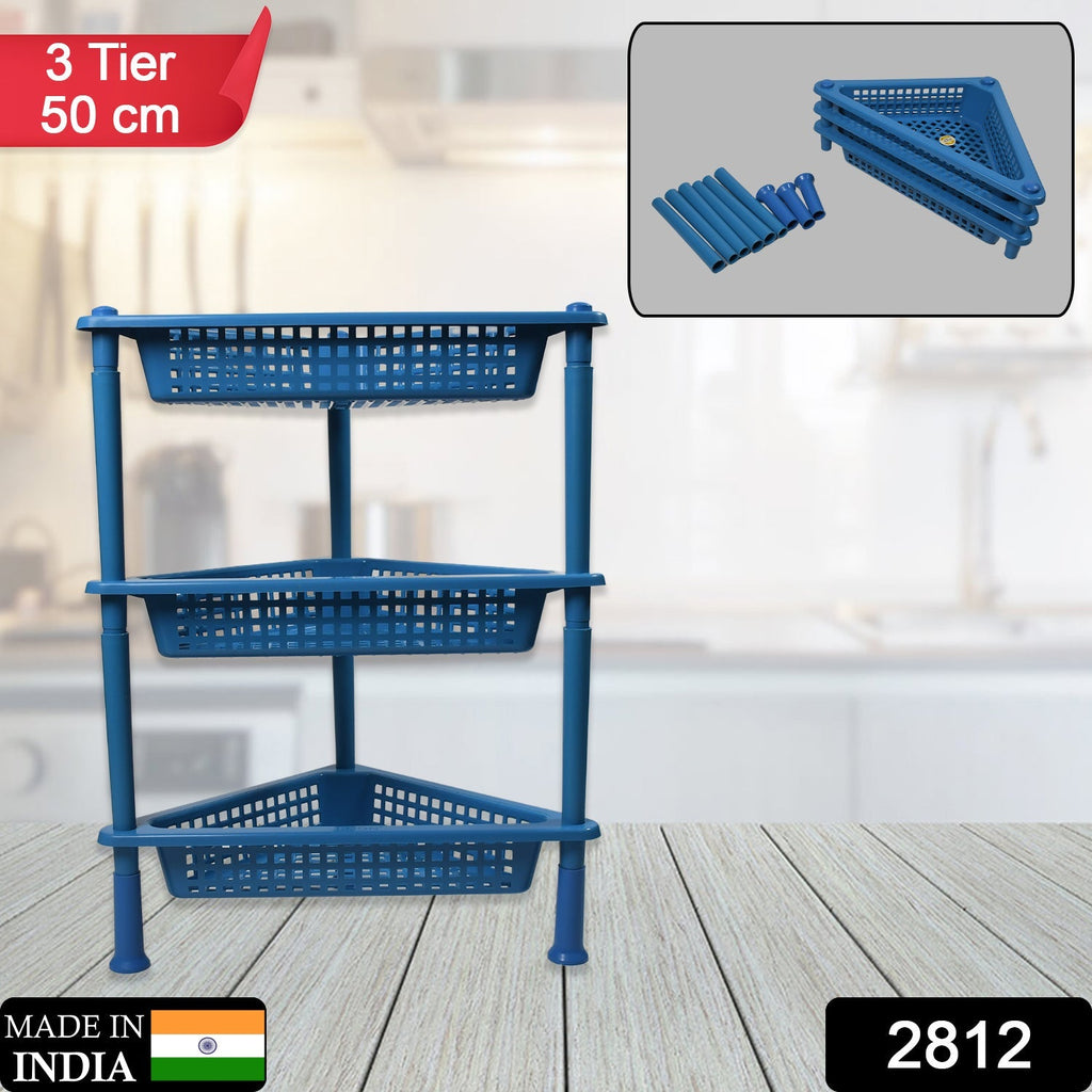 Close-up of the triangular design of the 3-tier plastic storage rack.