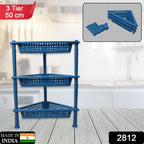 Close-up of the triangular design of the 3-tier plastic storage rack.