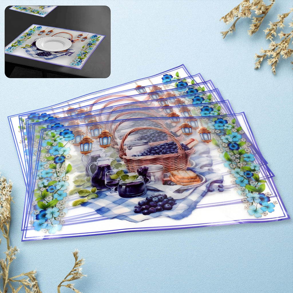 Vibrant multicolor PVC dining table placemats, heat-resistant and easy to clean.