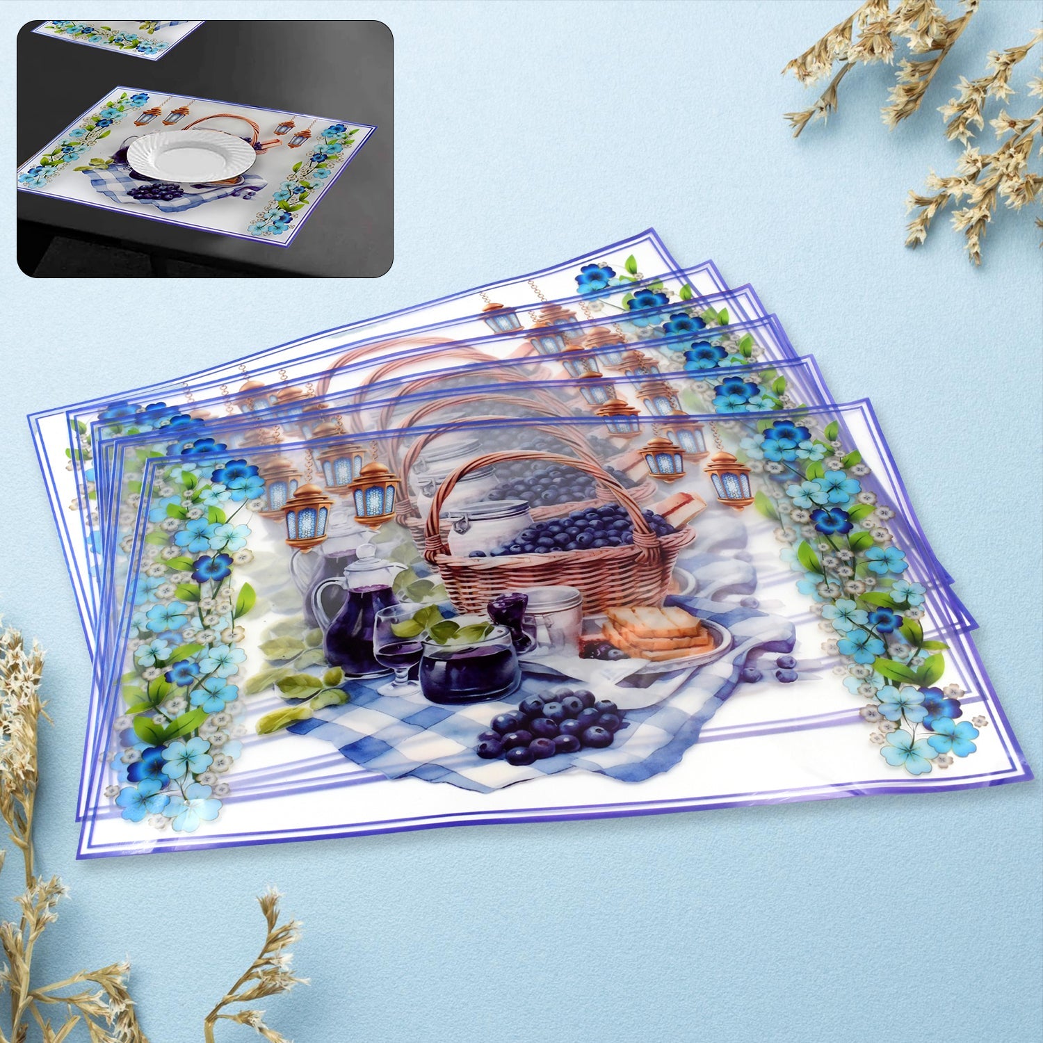 Vibrant multicolor PVC dining table placemats, heat-resistant and easy to clean.