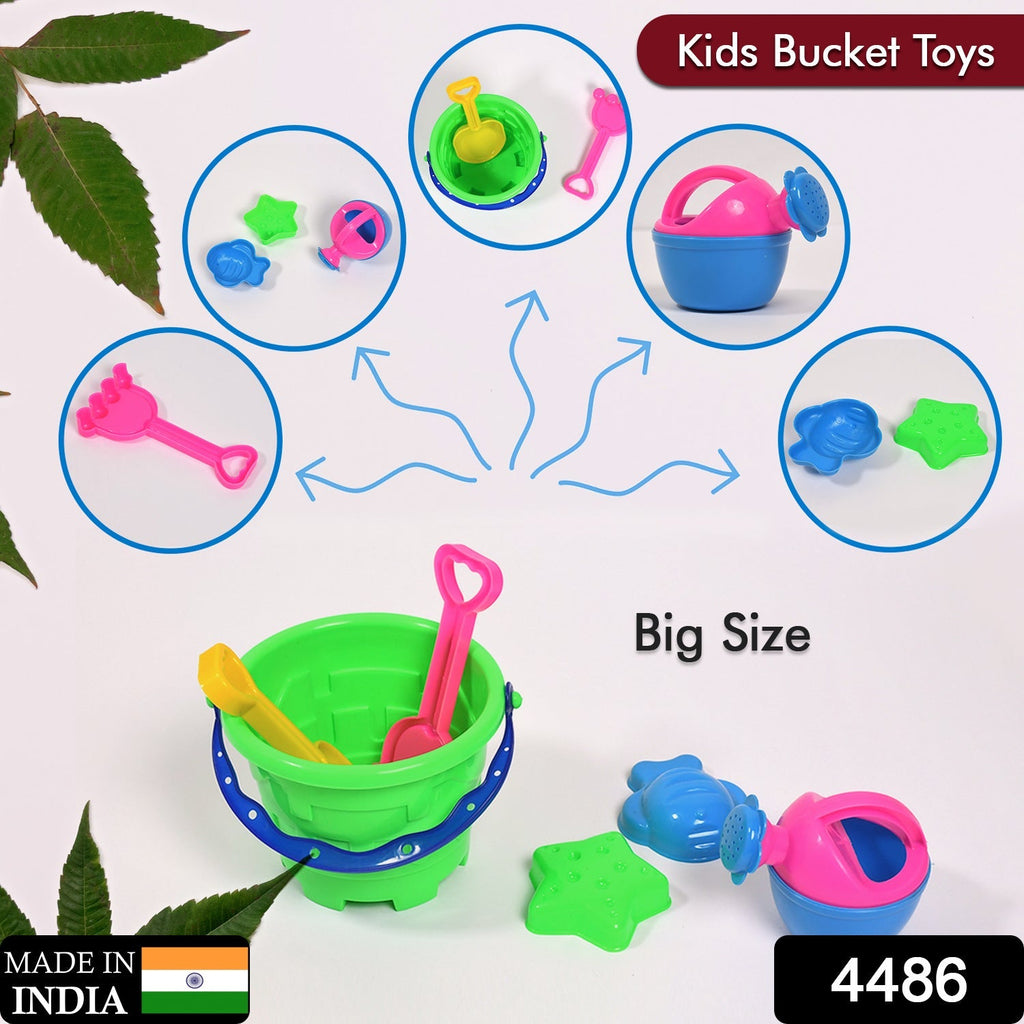 Colorful beach sand castle toy set with bucket and various sand tools.