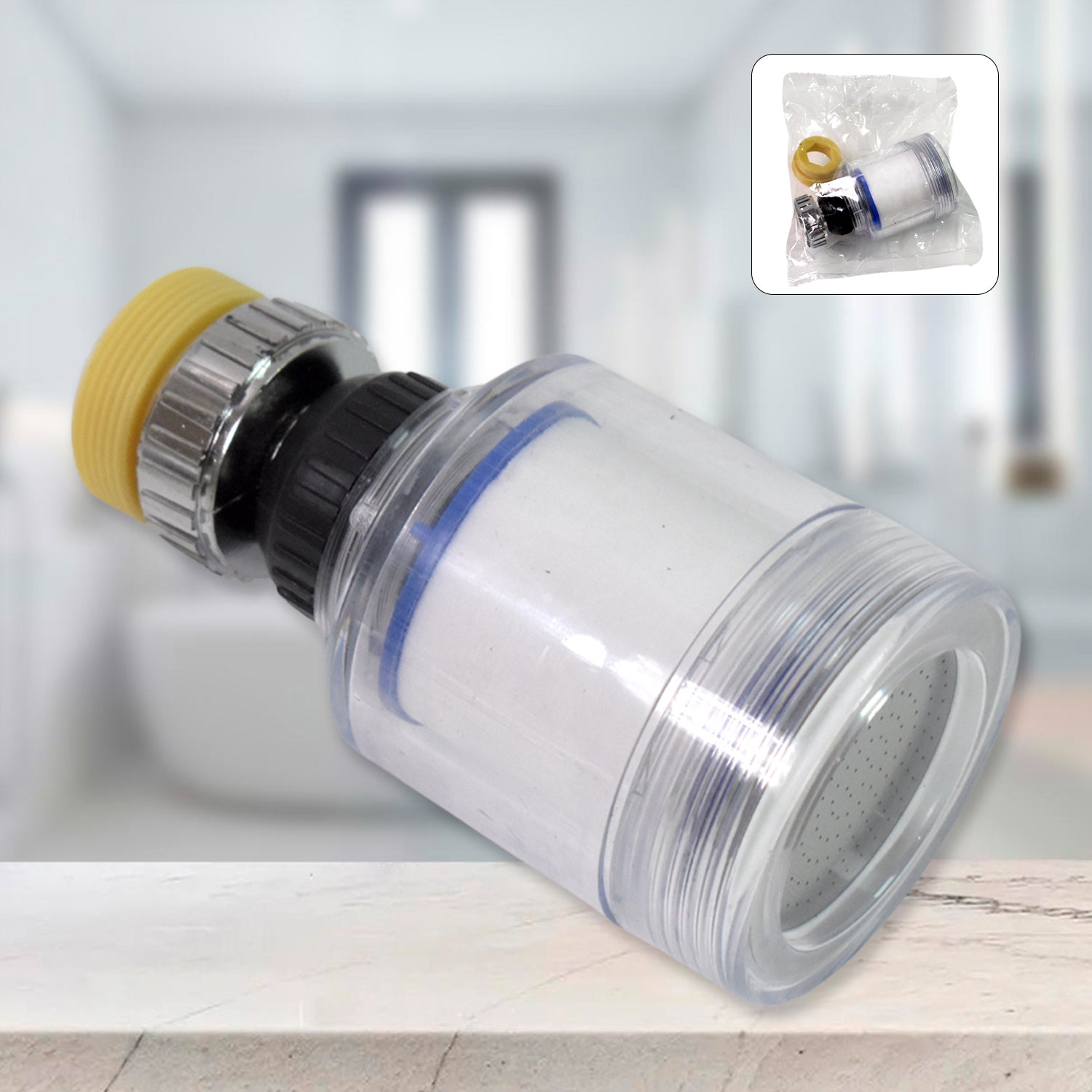Close-up view of the 360-degree swivel faucet aerator attachment.