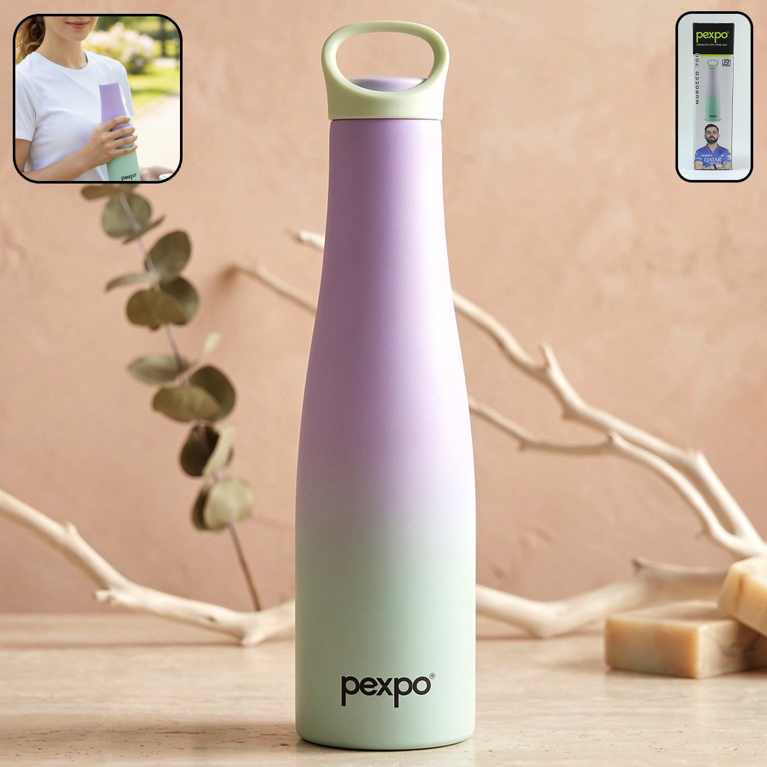 Front view of Pexpo Morocco insulated stainless steel water bottle
