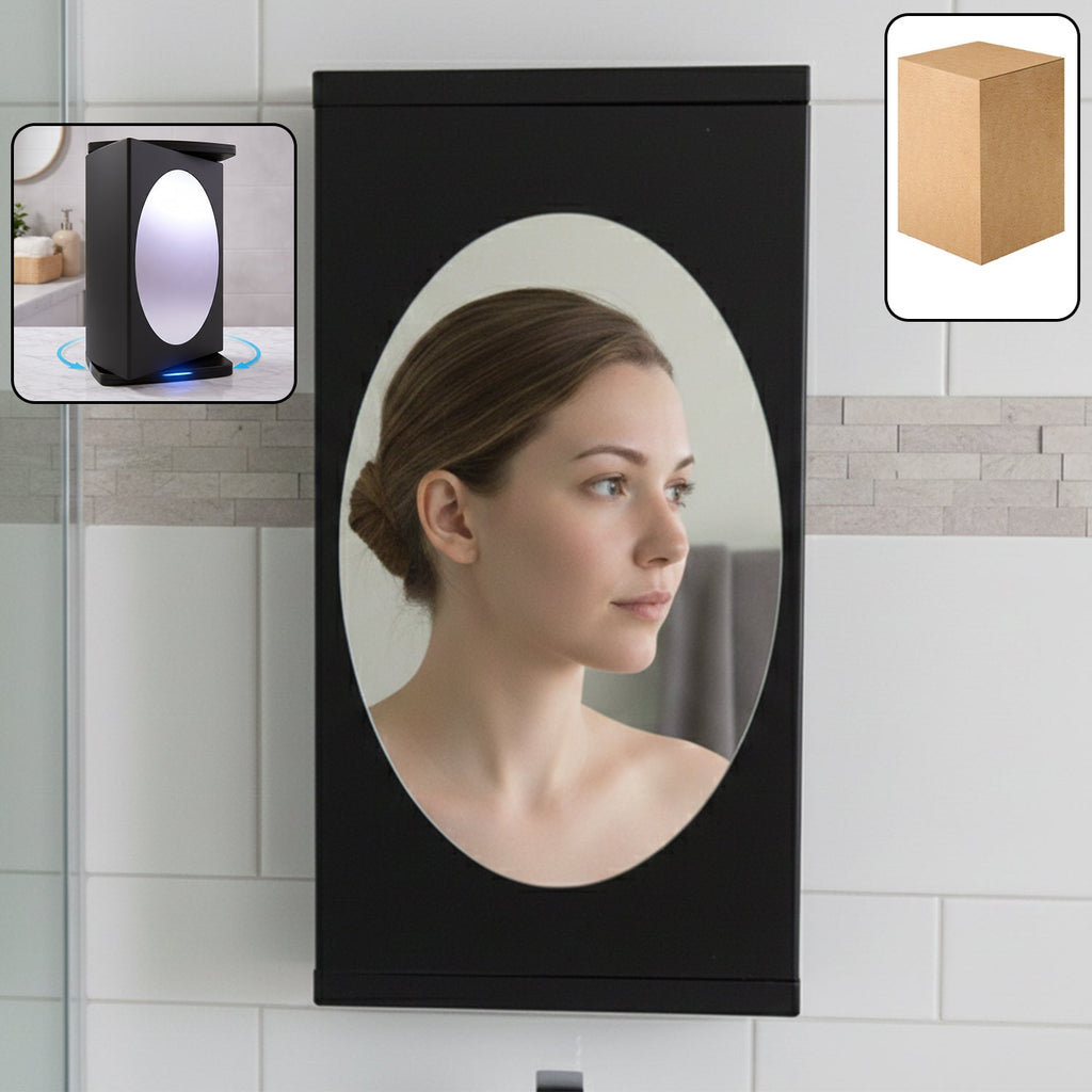 Wall mounted black rotating storage cabinet with oval mirror 22x42 cm