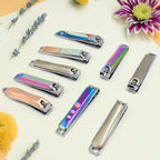 AuriGlam folding nail clippers made from stainless steel, with a sleek, portable design.