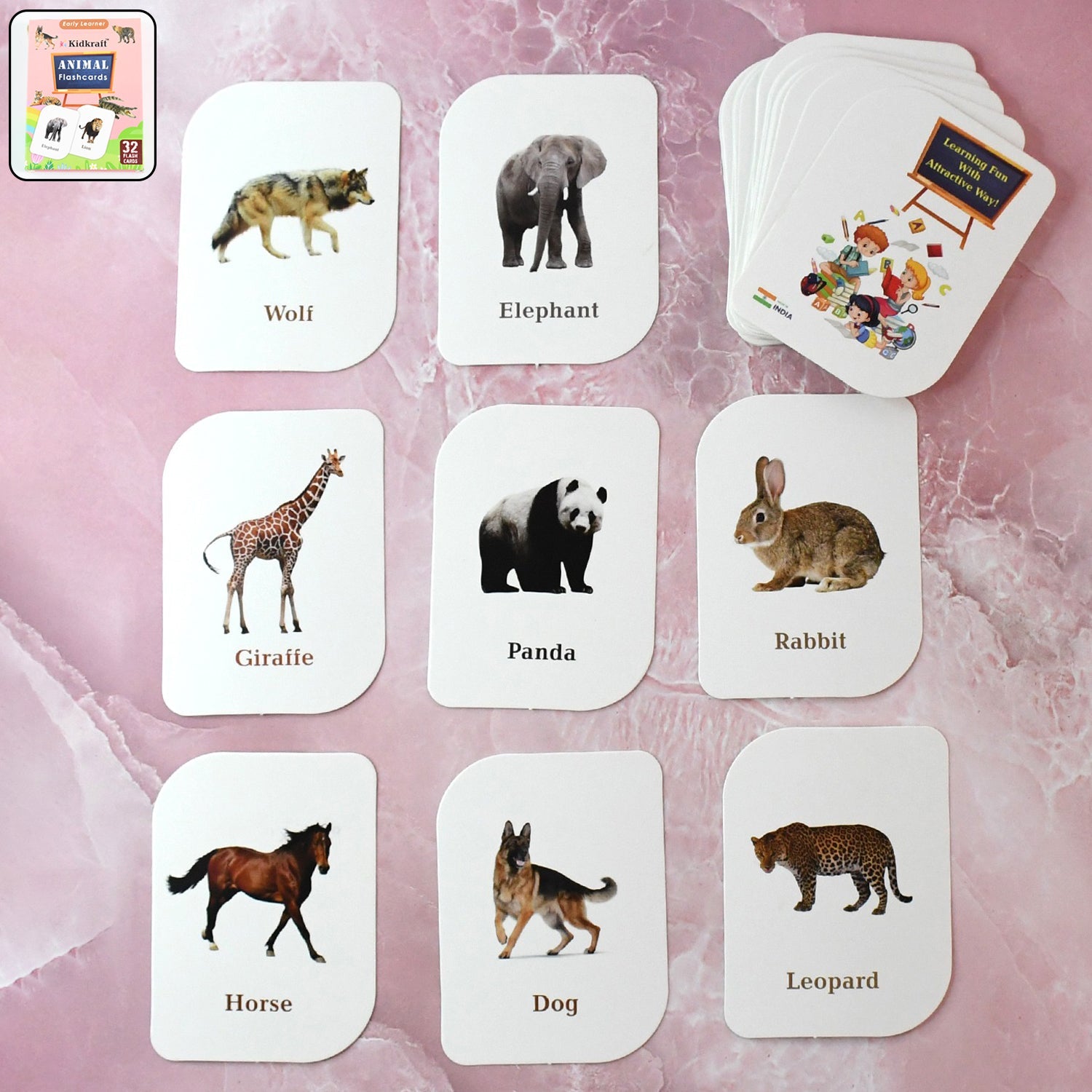 Box containing 32 durable and laminated animal flash cards for toddlers