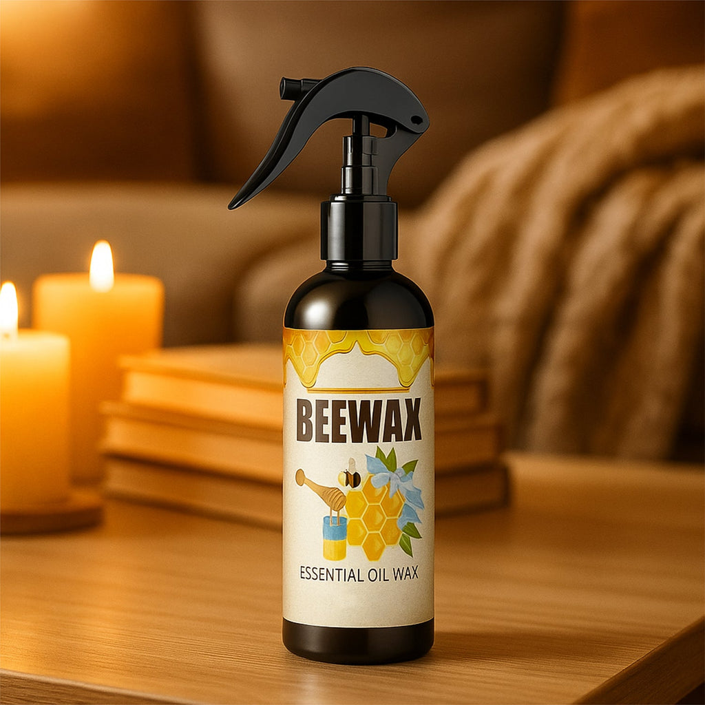 Beeswax wood polish spray bottle on wooden surface