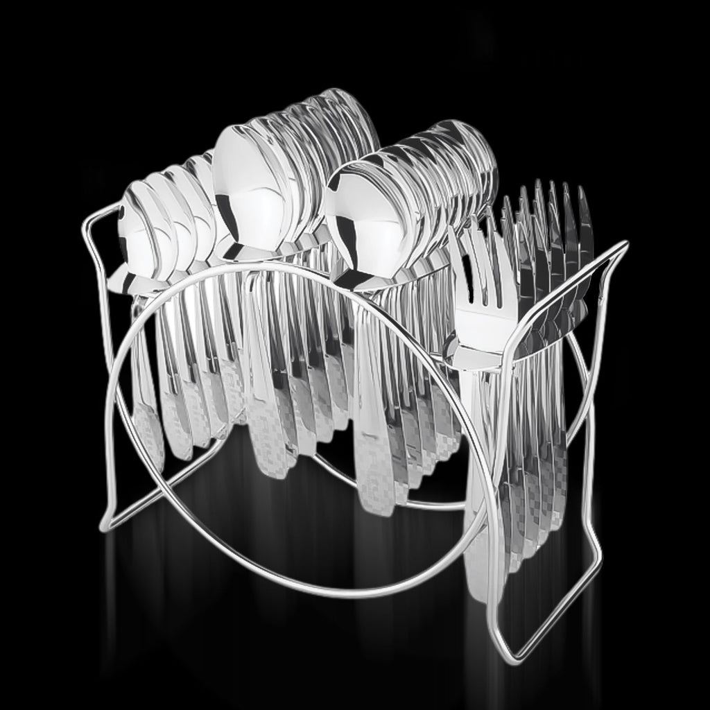 24-piece stainless steel cutlery set with elegant storage stand on table