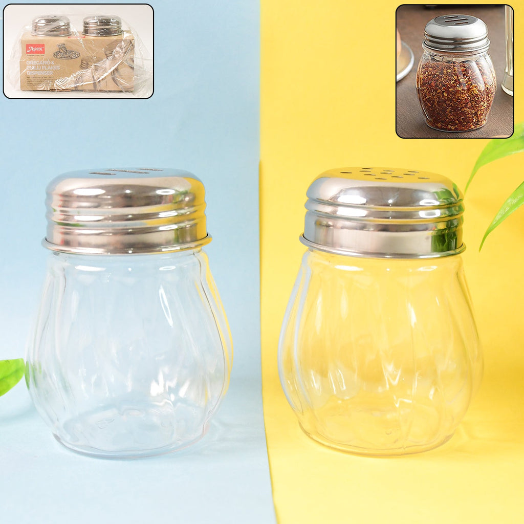 Close-up of stainless steel lid with spout on spice shaker from oregano chilli flakes dispenser set