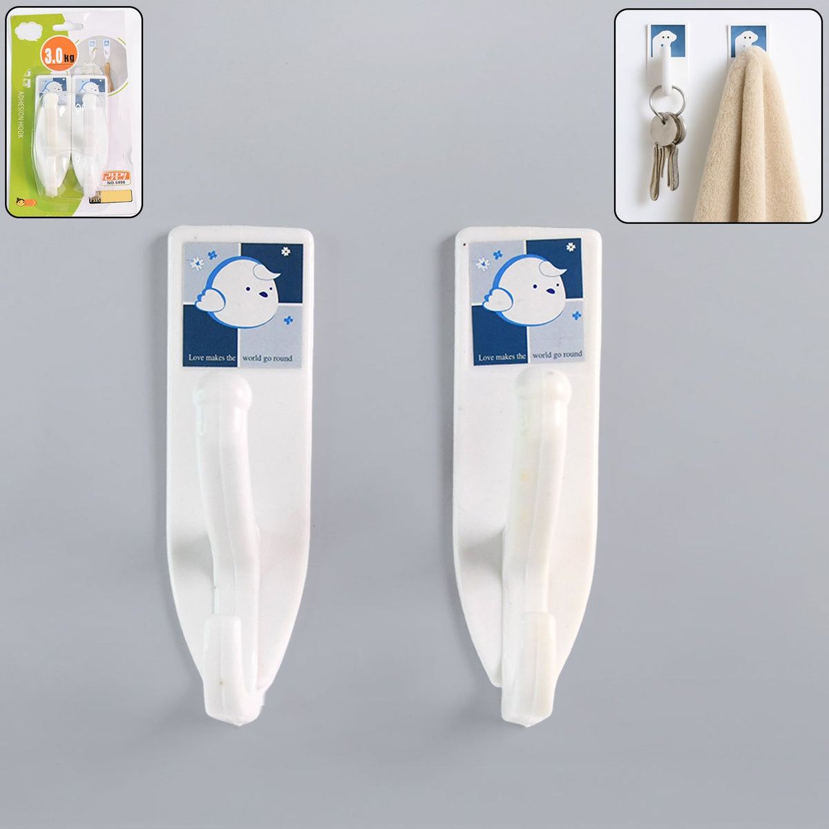 Set of strong self-adhesive multipurpose wall hooks on a white background, ready for use.