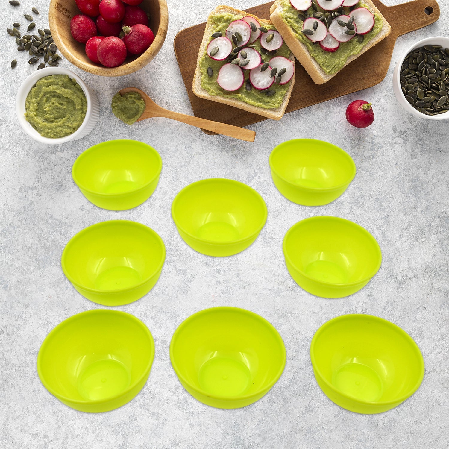 Microwave Safe Plastic Bowl Set (8 Pcs) arranged, highlighting safety features.