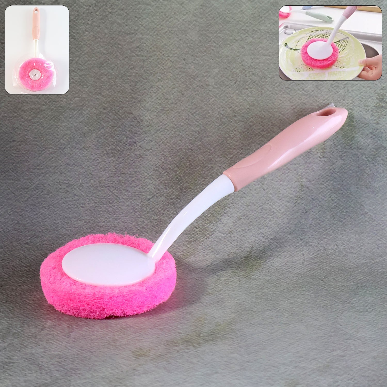 Long handle kitchen dish scrubber brush featuring a soft sponge head for gentle cleaning