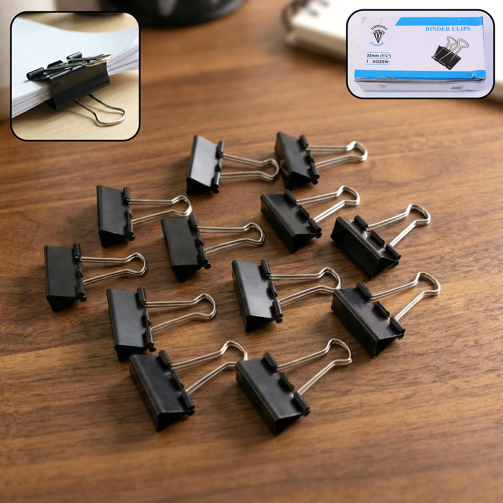 Black metal binder clips 32mm holding documents securely