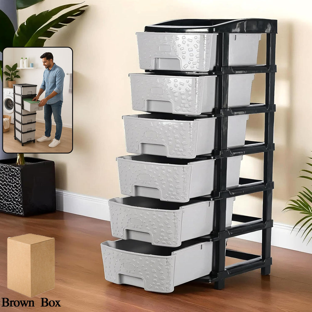 6-layer plastic drawer organizer cabinet with stone texture grey drawers and black frame