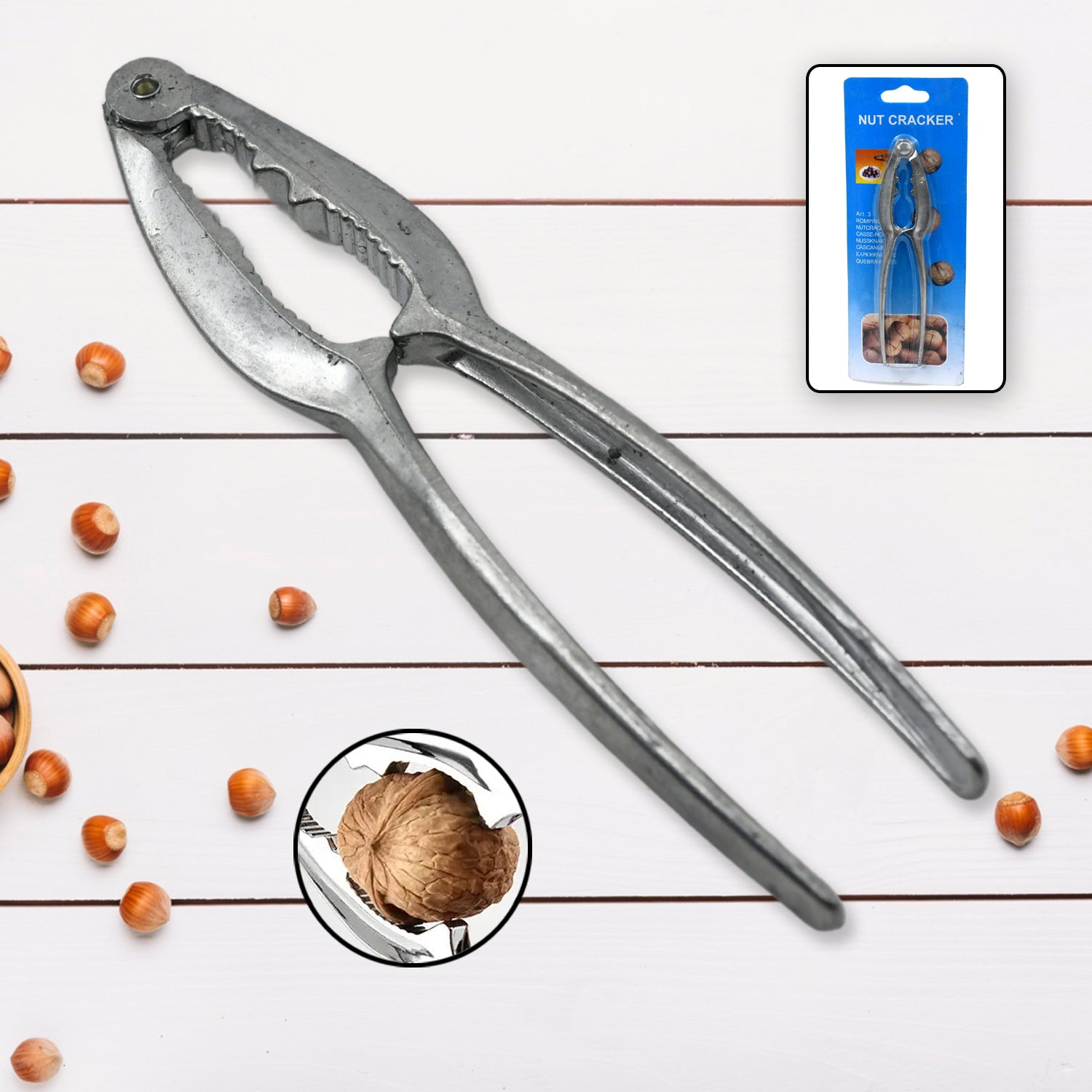 Stainless steel nut cracker featuring a secure, non-slip design.
