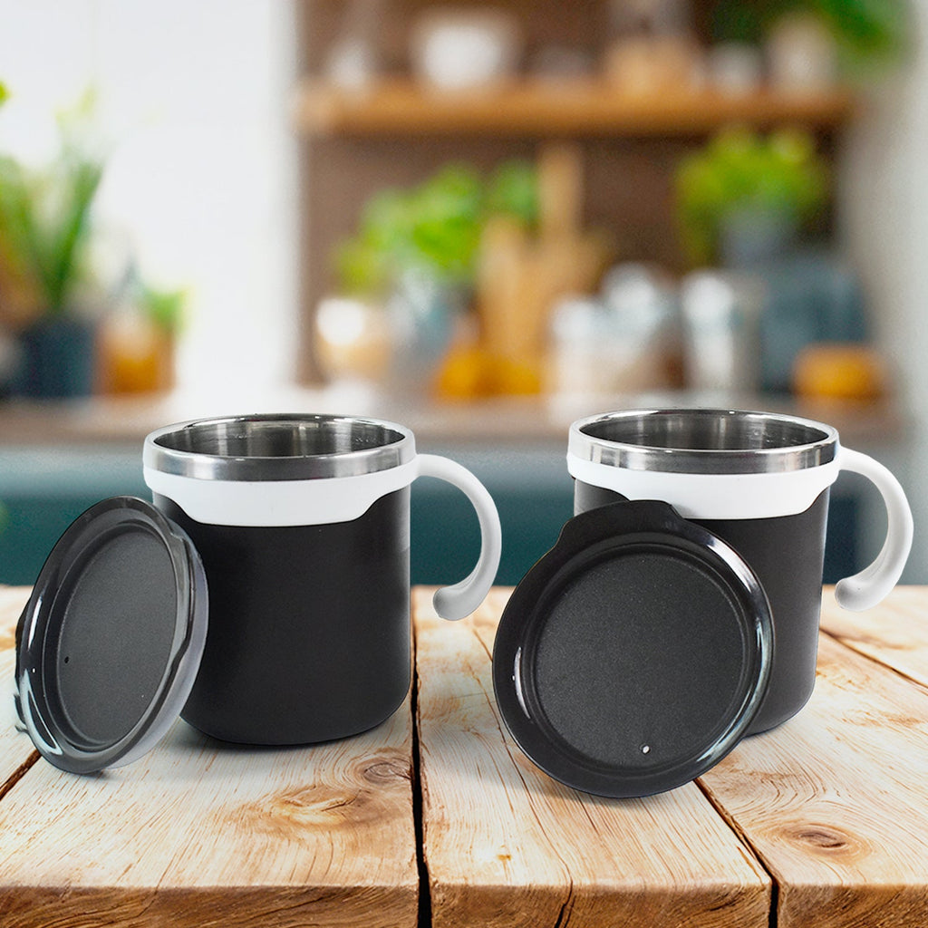 Two premium mocha mugs with lids, stainless steel interior, black matte exterior.