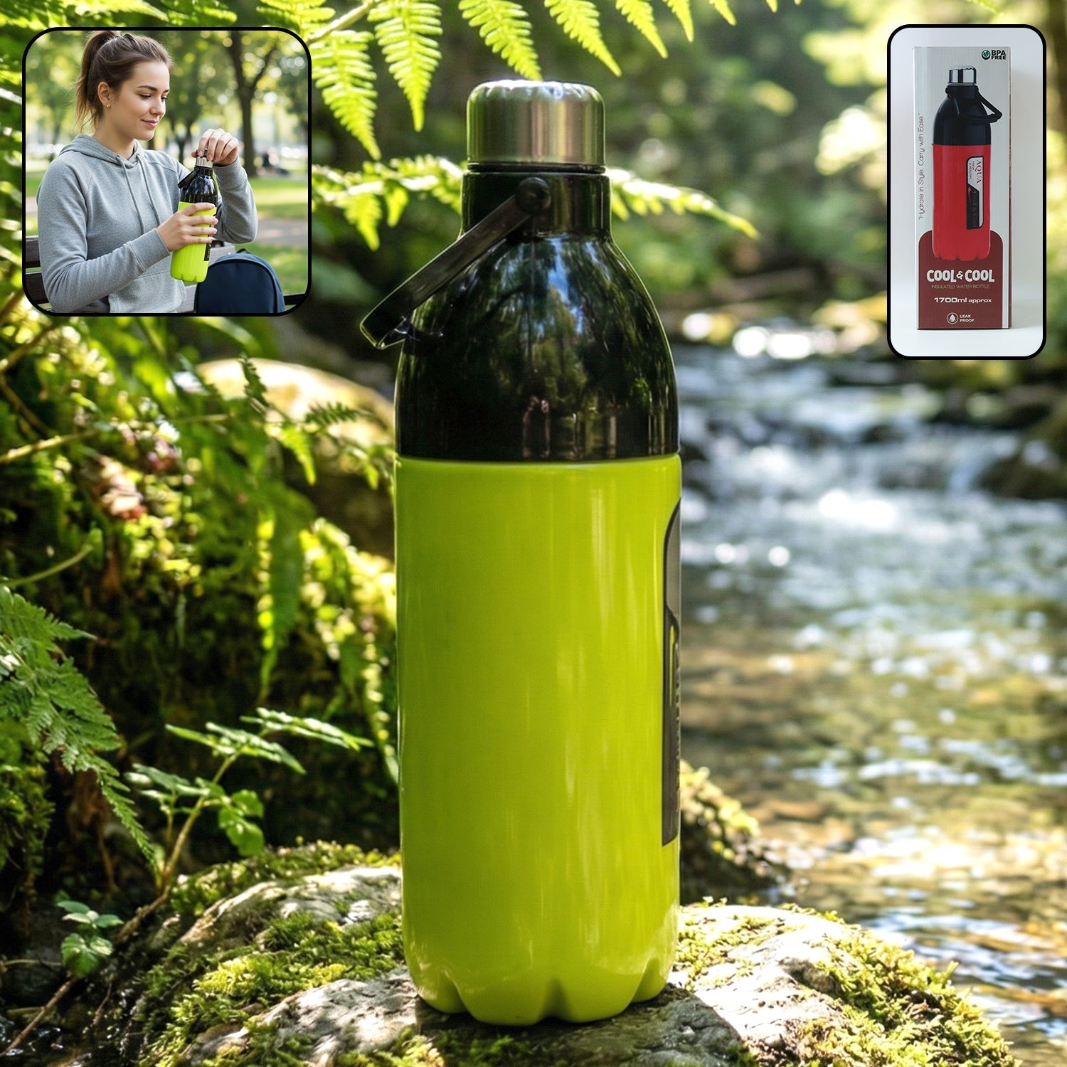 1700ML leakproof water bottle with screw cap and carry strap for all-day hydration