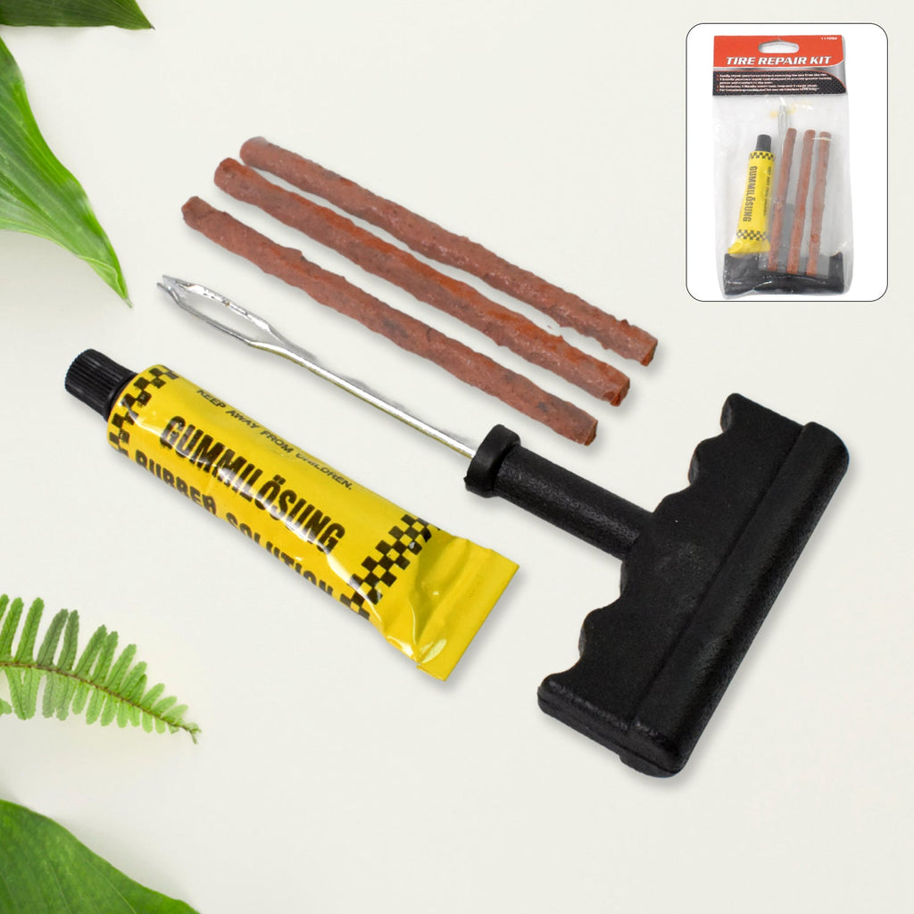 Components of the tubeless tyre repair kit including the reamer and insertion tool.