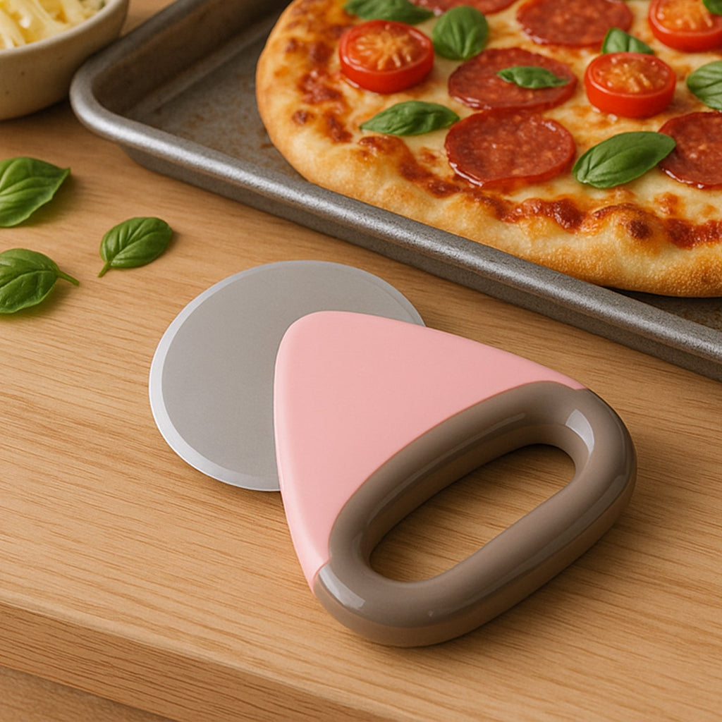 Ergonomic pizza cutter with sharp stainless steel blade on white background