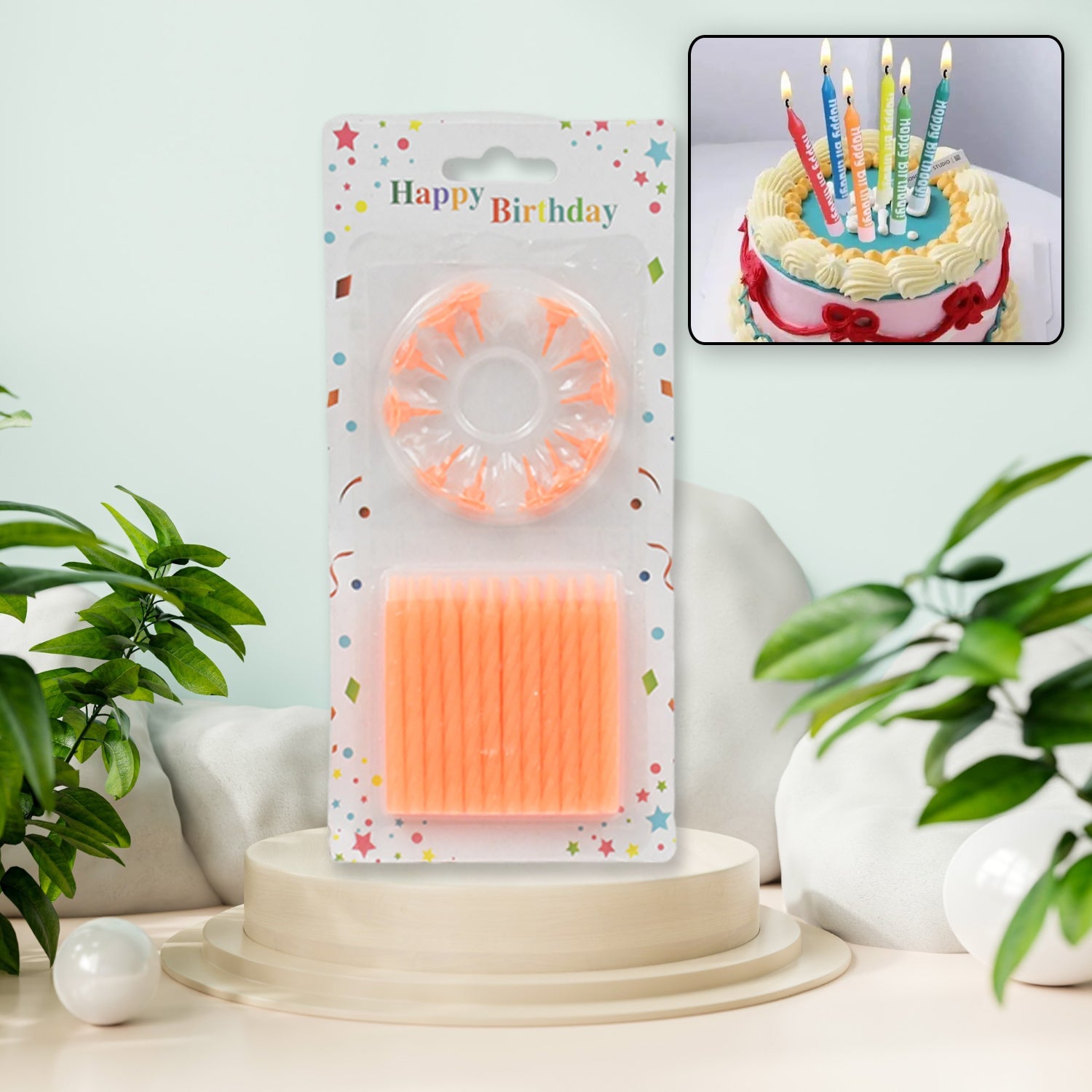 Multicolor birthday party candles in a pack of 24, ready for celebration.