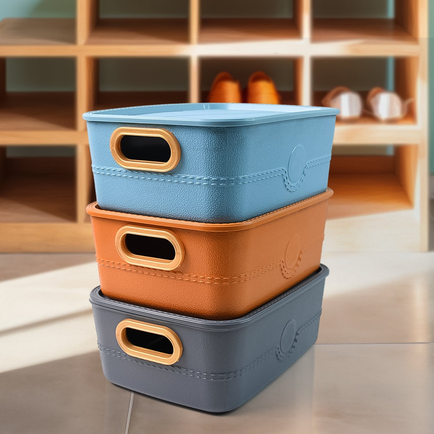 3-piece plastic storage basket set with handles in vibrant colors