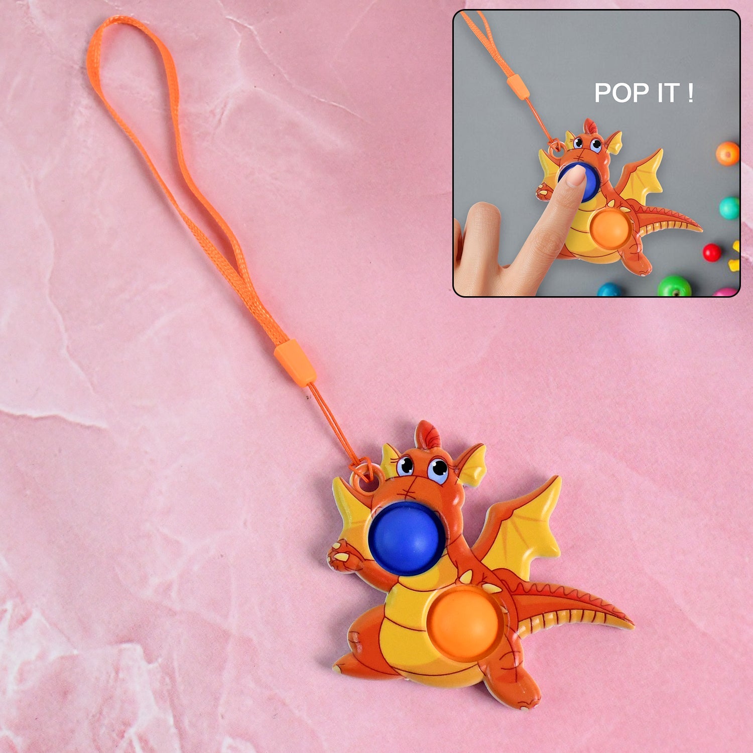 Dragon-shaped push pop fidget toy with orange strap for stress relief