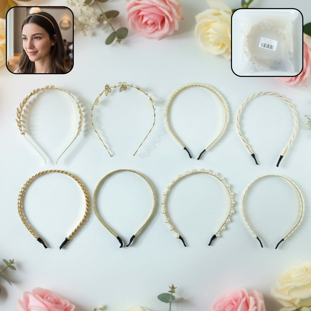 Elegant designer hair band set with pearl and floral details, 8 pieces