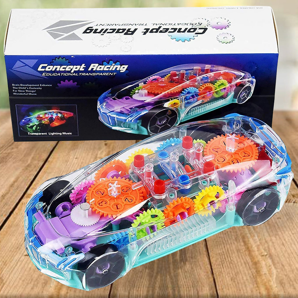 Close-up of the transparent gear car toy, highlighting its intricate internal gears and bright lights.