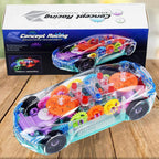 Close-up of the transparent gear car toy, highlighting its intricate internal gears and bright lights.
