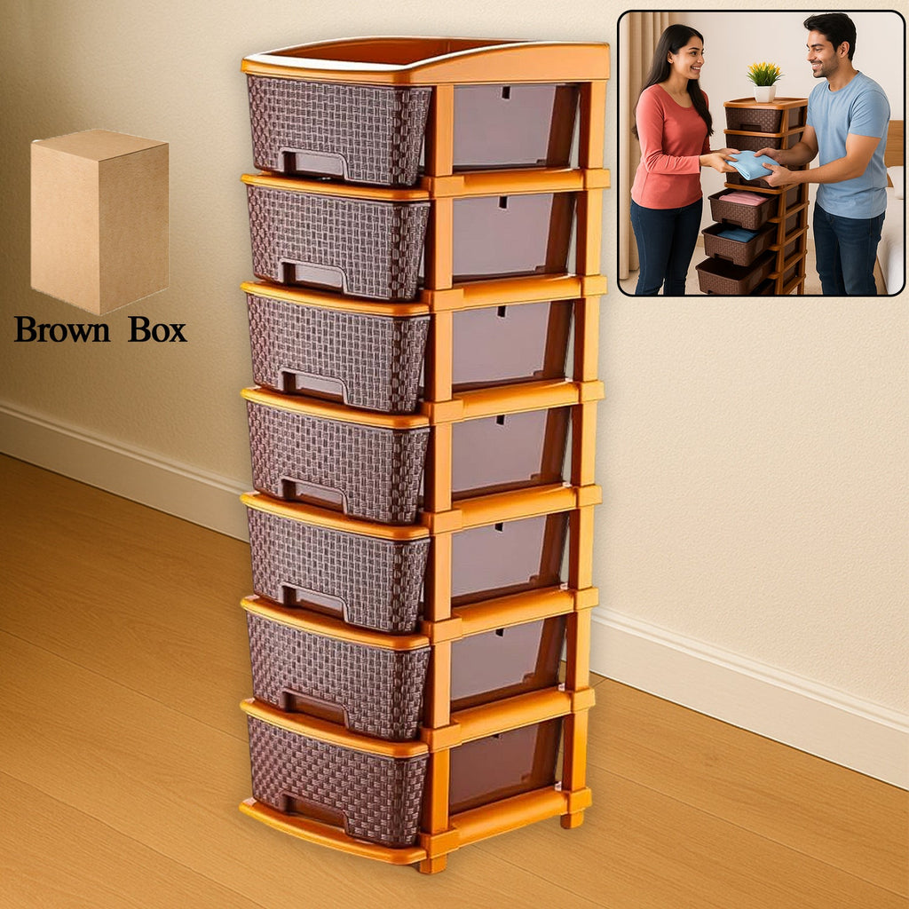 Front view of 7-layer plastic storage drawer organizer with woven texture