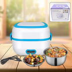 White Electric Lunch Box showcasing 3-in-1 functionality with stainless steel bowls and accessories.