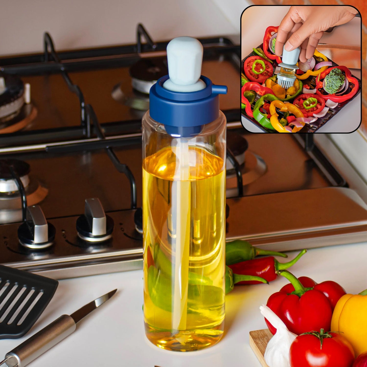 Transparent 1L oil dispenser bottle with integrated silicone dropper and brush for cooking.