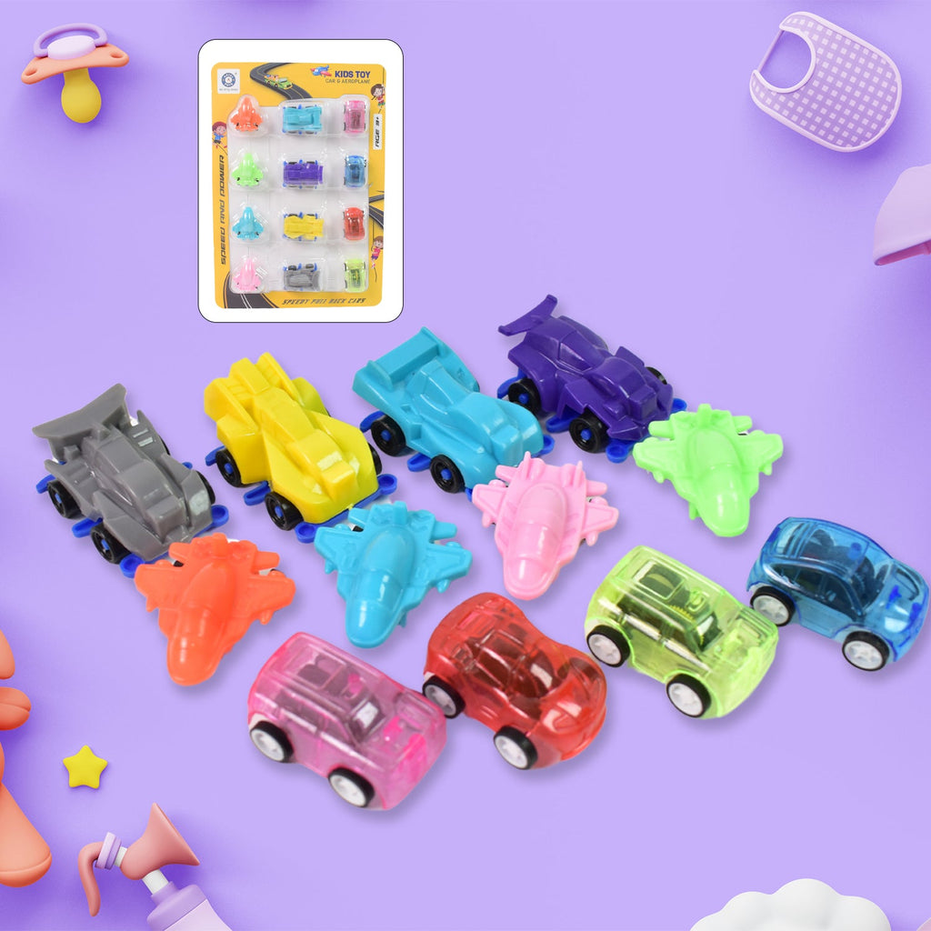 12-piece set of colorful mini pull back cars and aeroplanes displayed together.