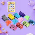 12-piece set of colorful mini pull back cars and aeroplanes displayed together.