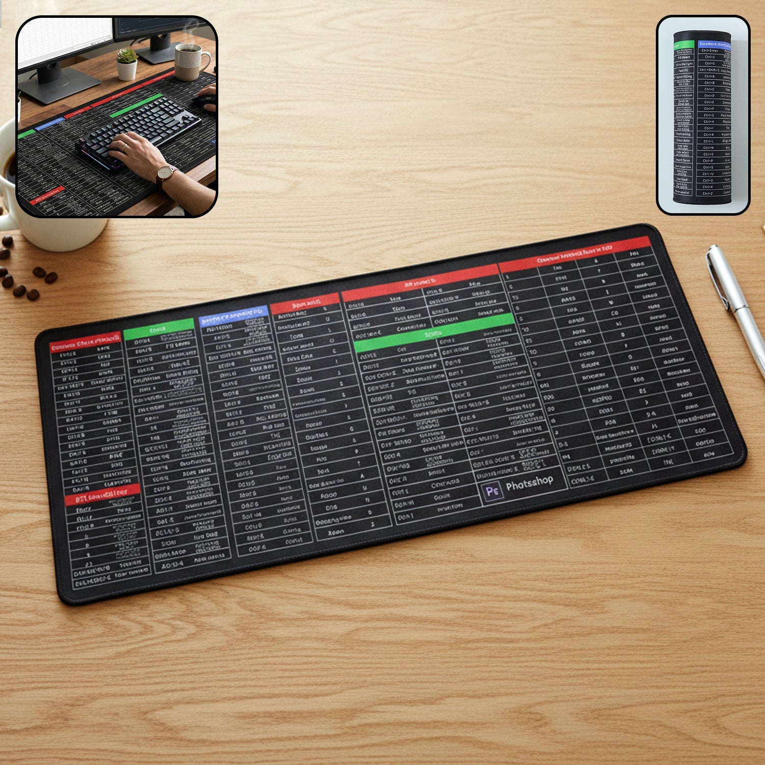 Large shortcut keyboard mouse pad with printed shortcut guide for efficient workspace