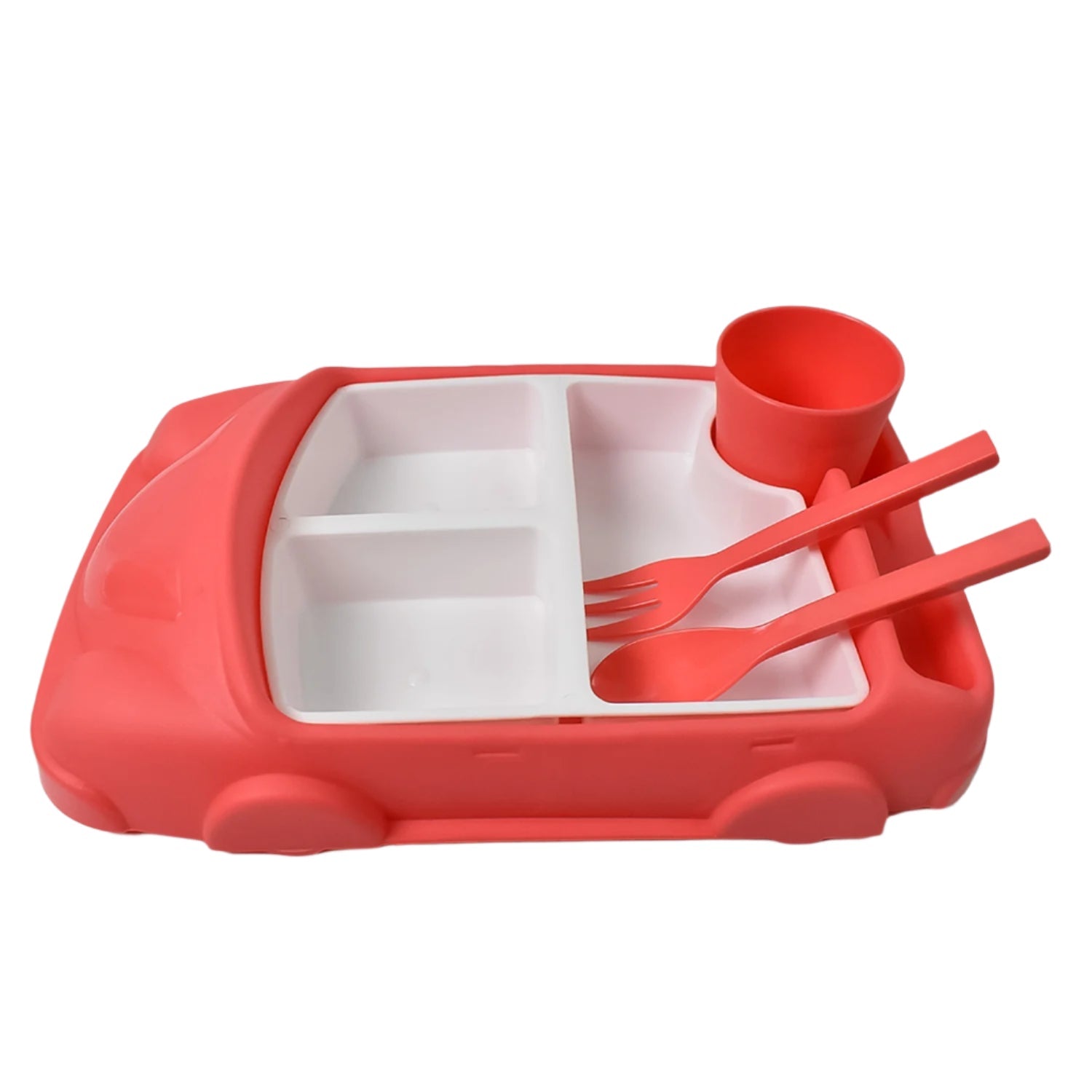 Complete 4-piece Kids Car Lunch Box Set including the cup, fork, and spoon.
