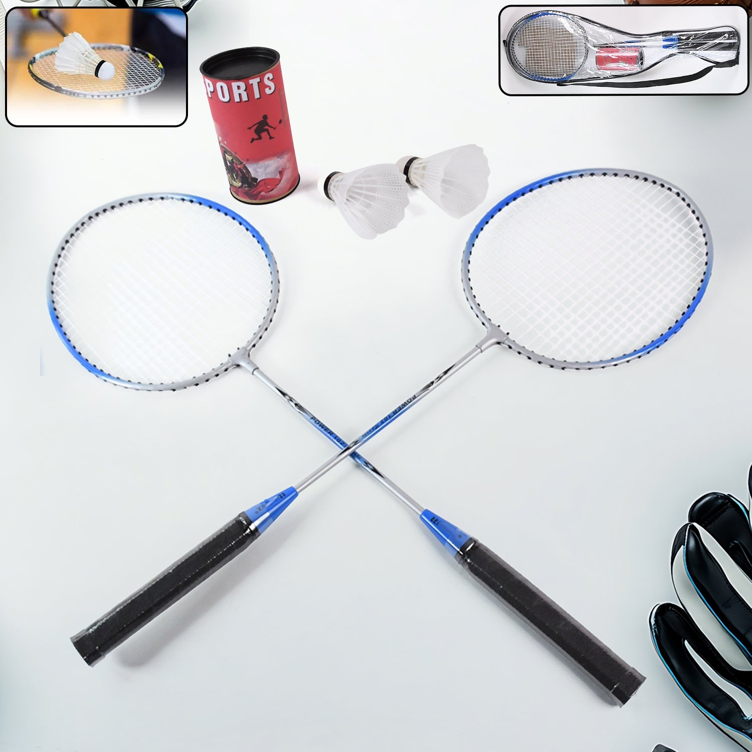Badminton set with two metal rackets and clear carrying case