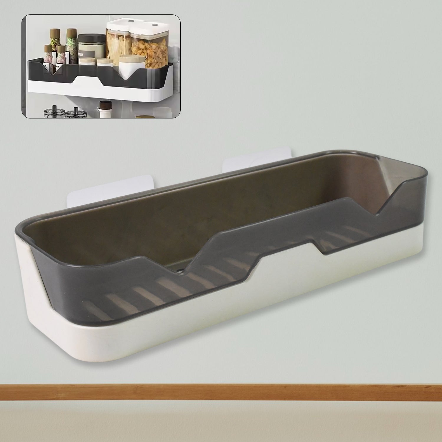 Adhesive shower caddy mounted on a bathroom wall, showcasing easy installation.