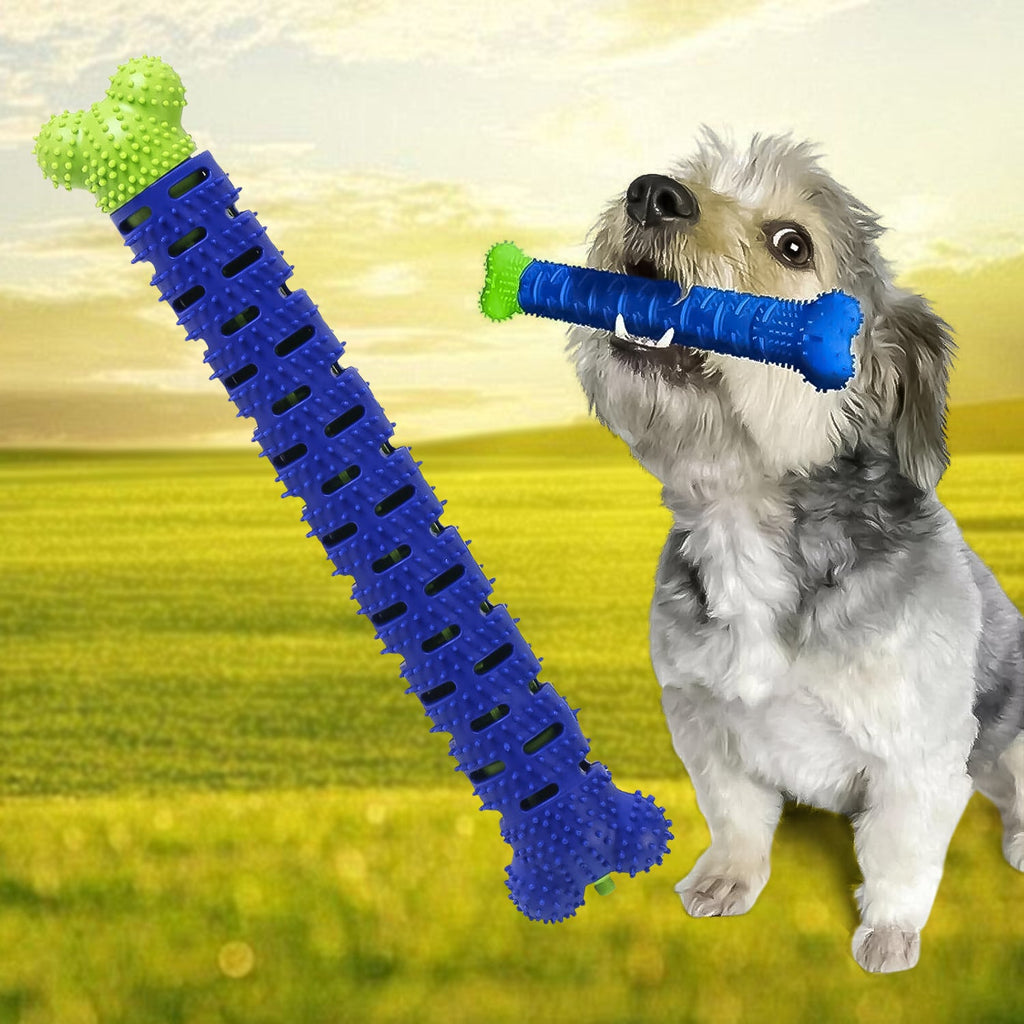 Close-up view of the textured dog toothbrush chew stick for gum massage.