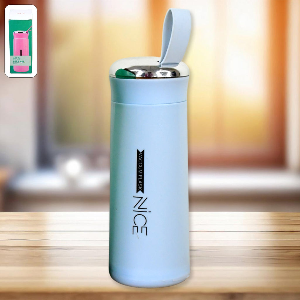 Light blue glass water bottle 400ml leak proof with bamboo lid