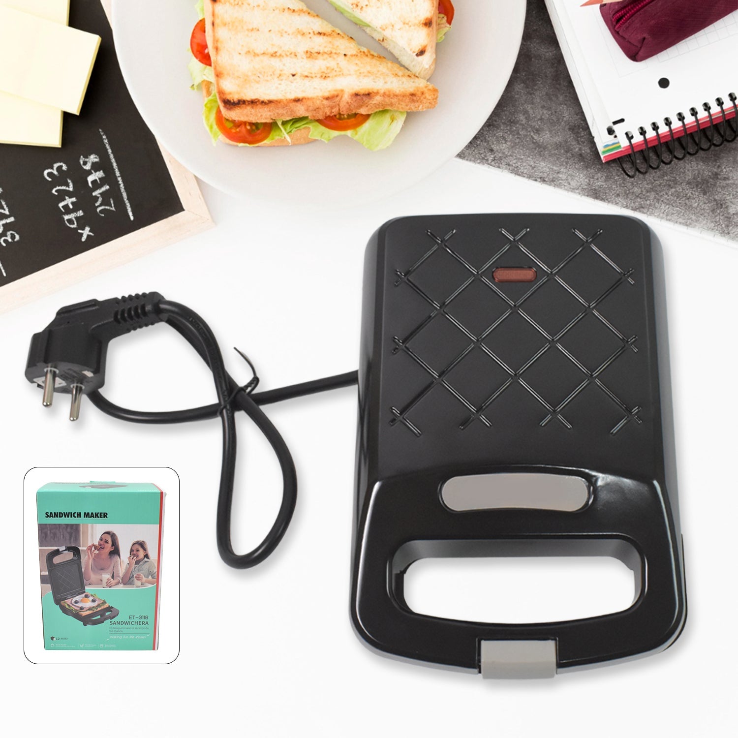 ChefMates Sandwich Maker with non-stick plates, ready to use.