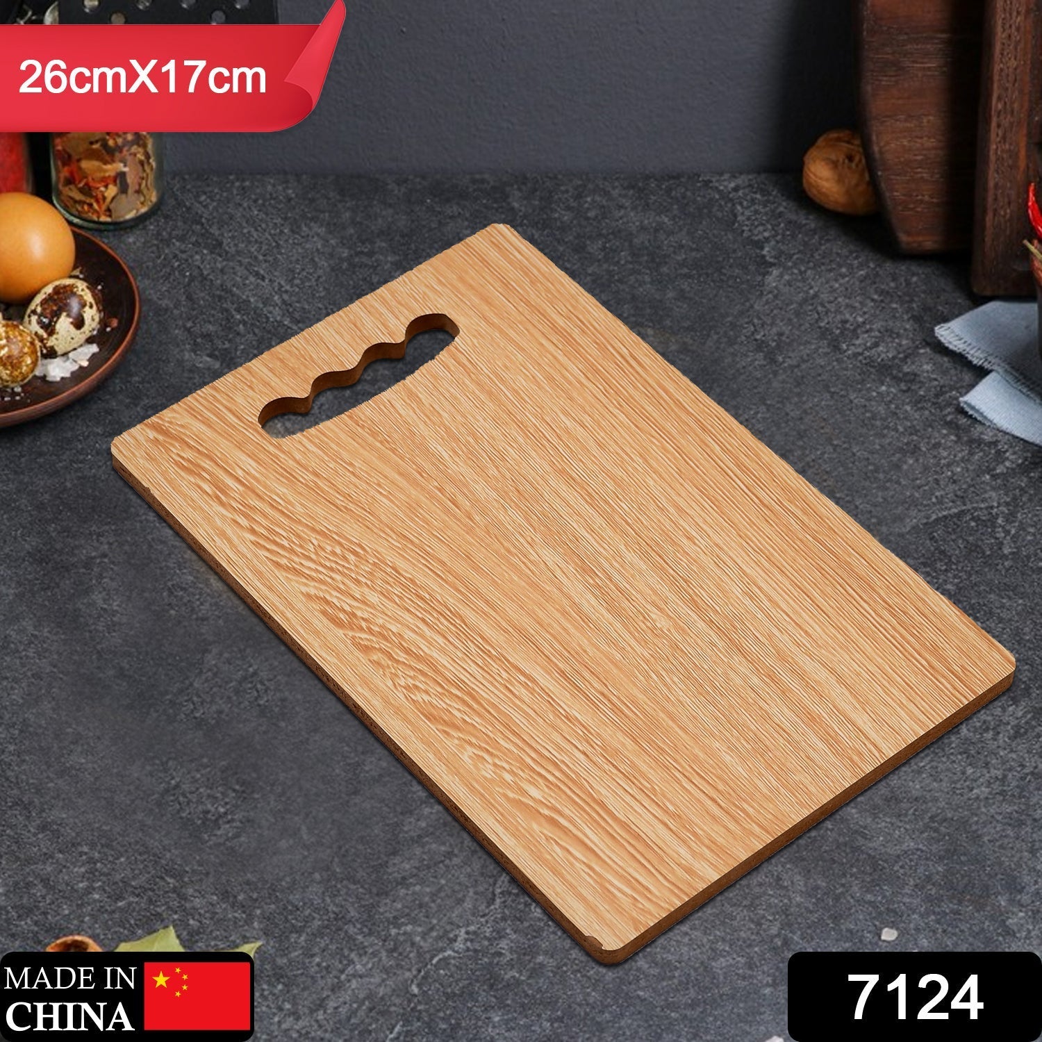 Handy wooden kitchen board with finger hole for easy storage.